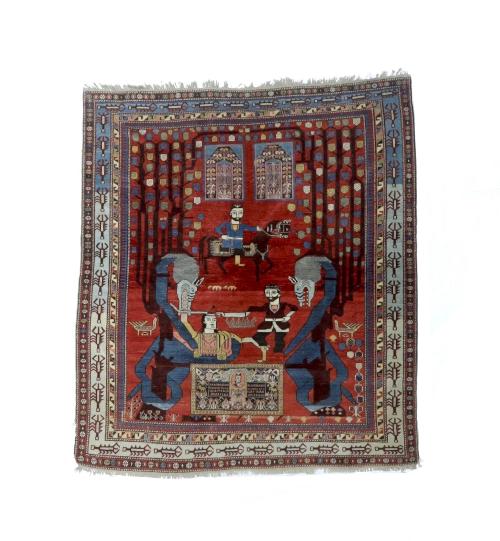 Fine Antique Caucasian Shirvan unusual pictorial design Rug 4'11" x 5' 7"