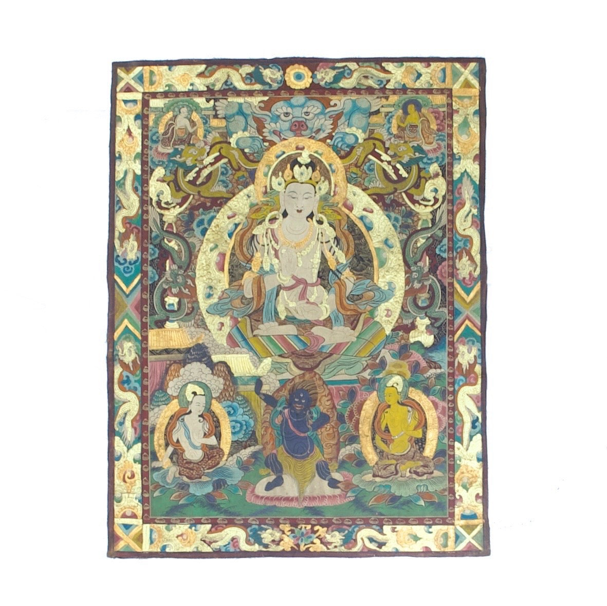 Antique Silk Thanka Artwork Hand Made in Nepal Rug 3' 3" x 4' 4"