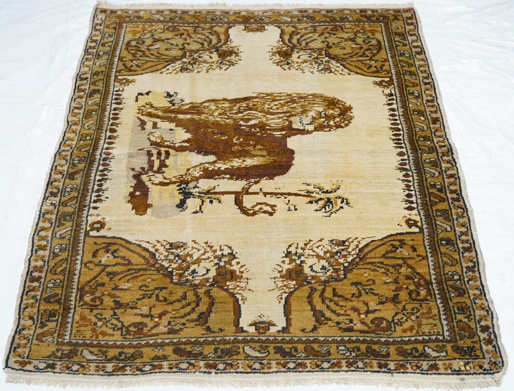 Antique Tabriz Lion Wool Rug 3'7'' x 4'8''