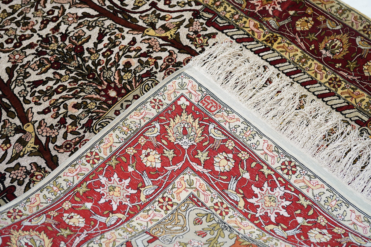 Extremely Fine Vintage Silk Turkish Hereke with the Field Woven with Silver Metal treads Rug 3'3'' x 4'6''