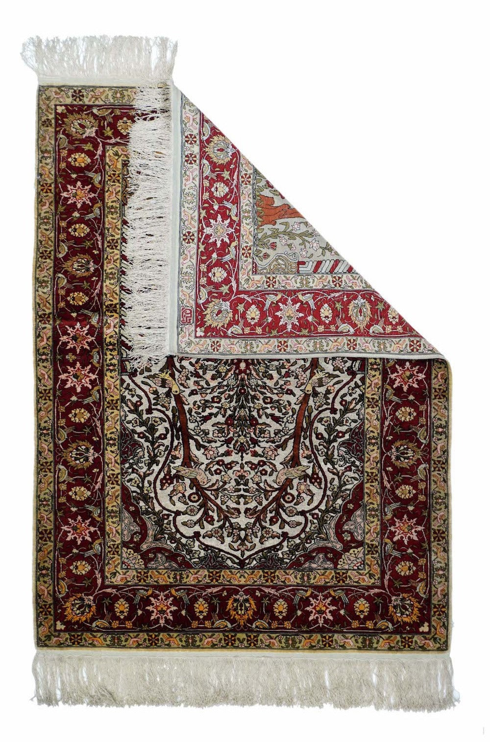 Extremely Fine Vintage Silk Turkish Hereke with the Field Woven with Silver Metal treads Rug 3'3'' x 4'6''