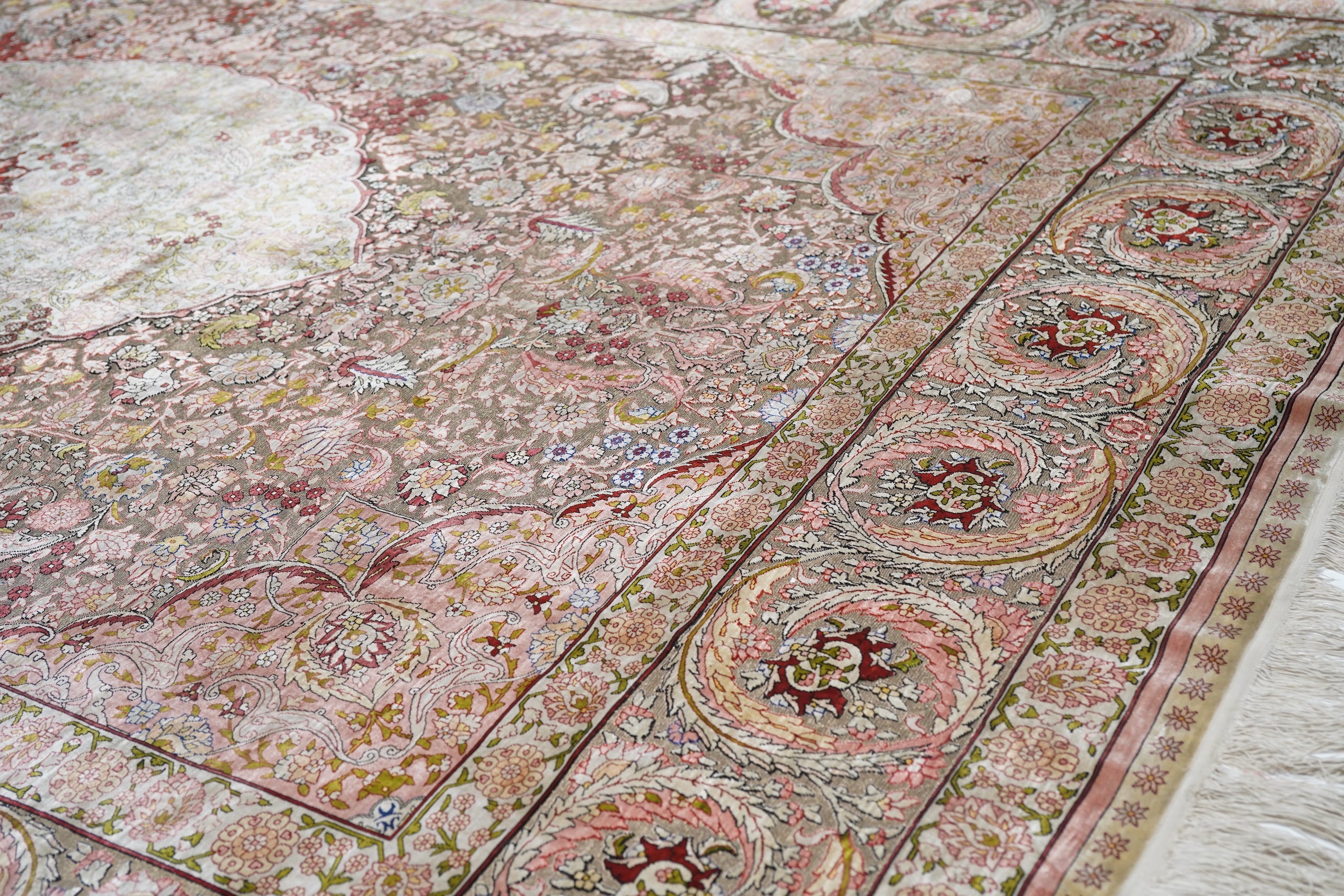 Extremely Fine Vintage Turkish Hereke Silk & Metal Rug 6' 11" x 10' 3"