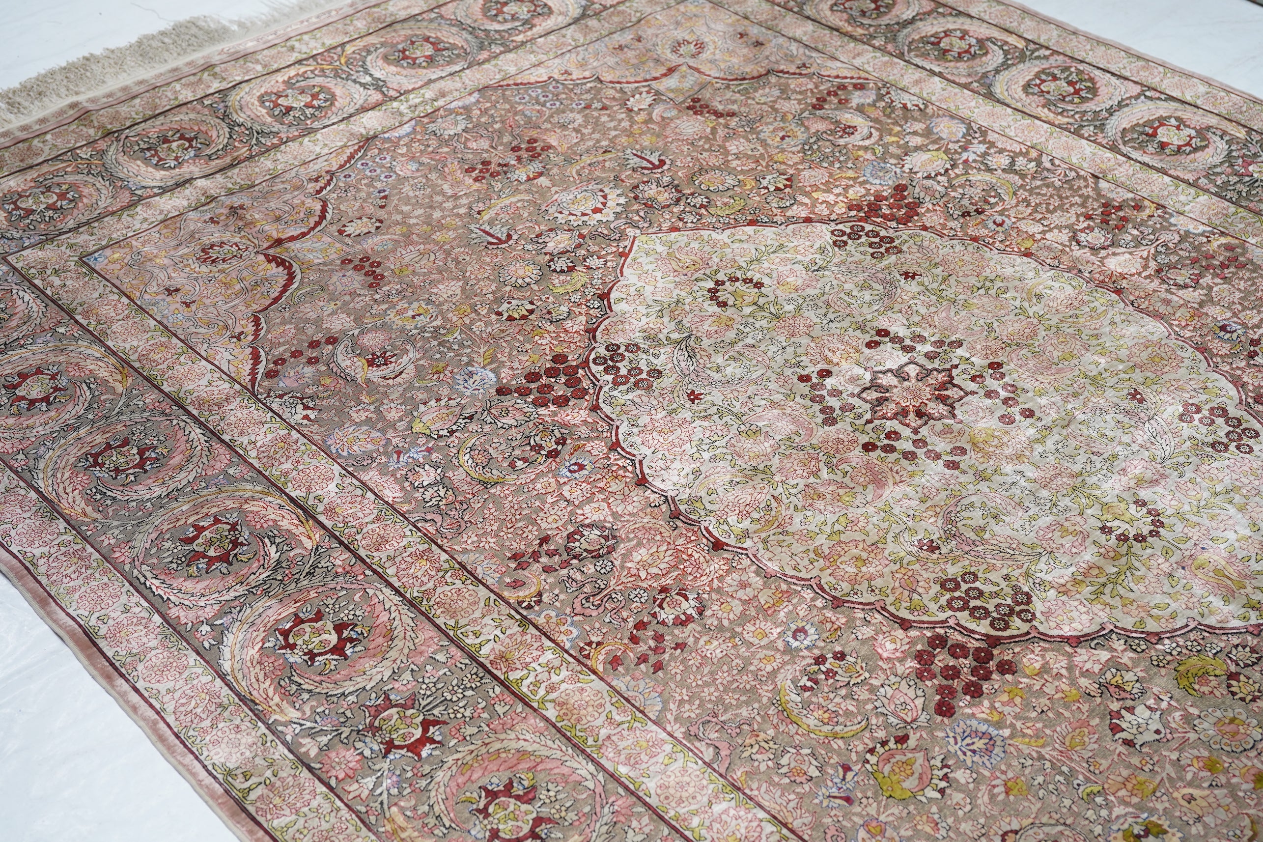 Extremely Fine Vintage Turkish Hereke Silk & Metal Rug 6' 11" x 10' 3"