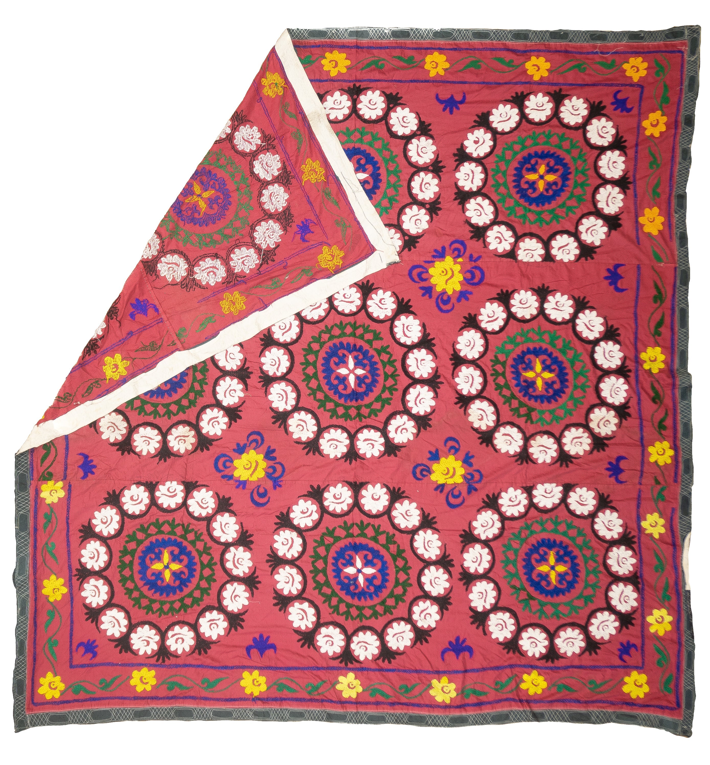 Fine Vintage Uzbek Suzani Textile Hand Knotted Rug 7'4'' x 7'7''