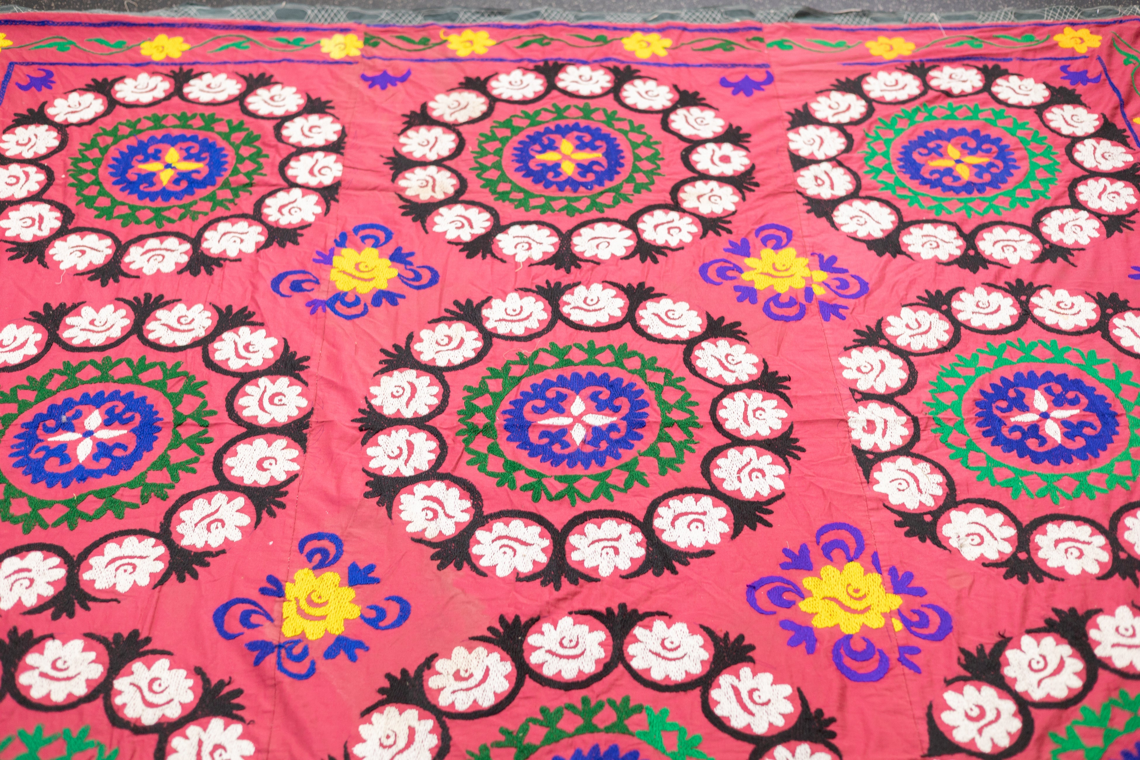 Fine Vintage Uzbek Suzani Textile Hand Knotted Rug 7'4'' x 7'7''