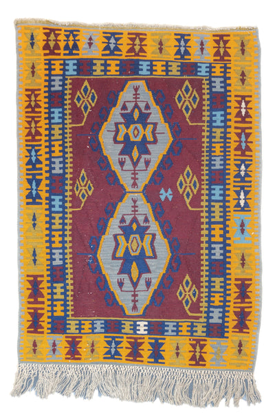 Fine Vintage Turkish Anatolian Kilim Wool Rug 3'6'' x 4'10''
