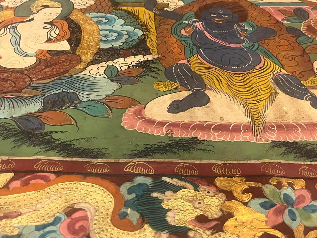 Antique Silk Thanka Artwork Hand Made in Nepal Rug 3' 3" x 4' 4"