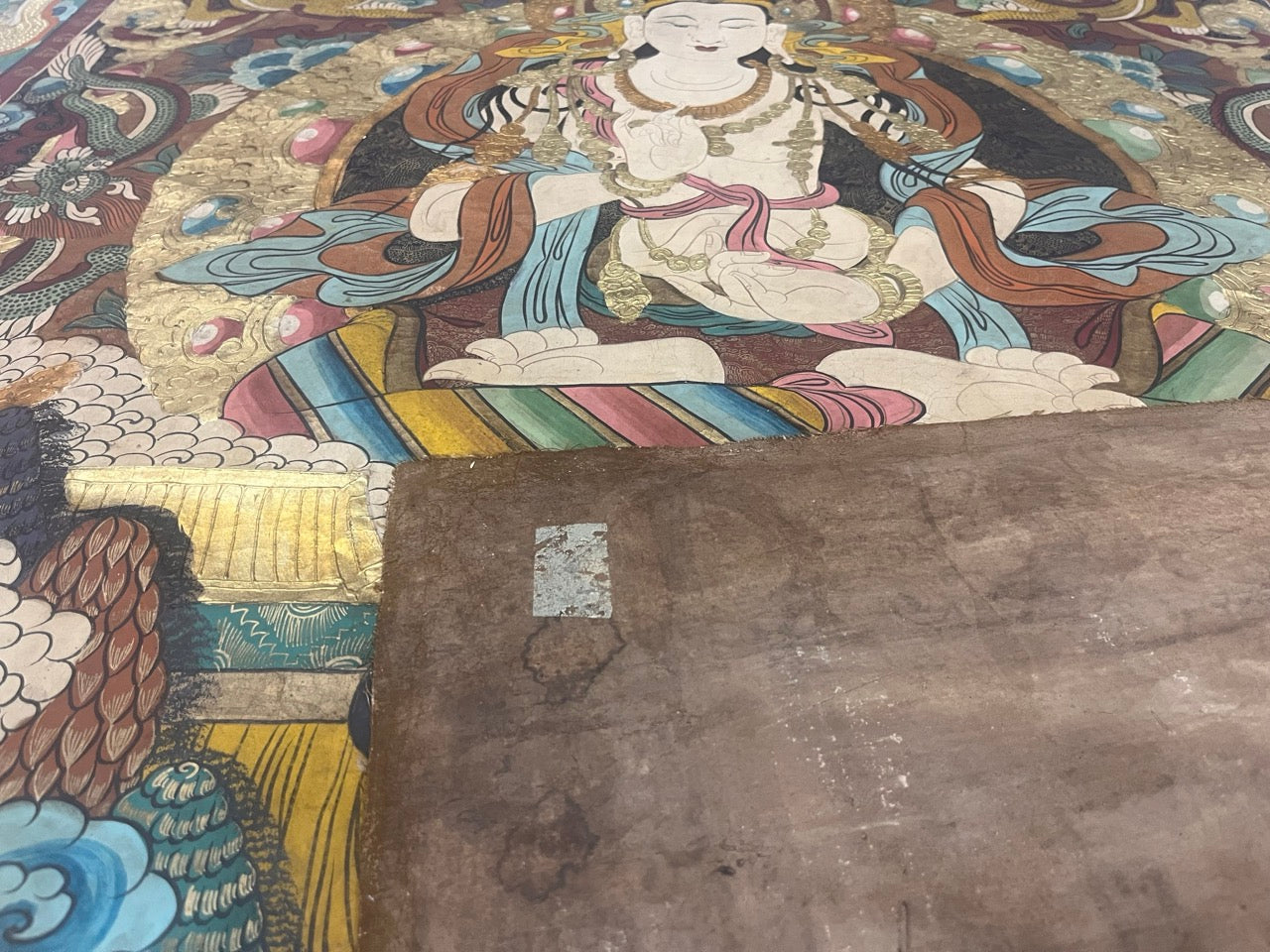 Antique Silk Thanka Artwork Hand Made in Nepal Rug 3' 3" x 4' 4"