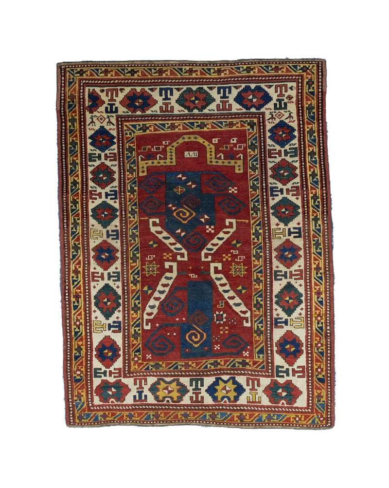 Extremely Rare Size & Unusual Design in an Antique Pinwheel Kazak Wool Rug 4' 1'' x 5' 6''