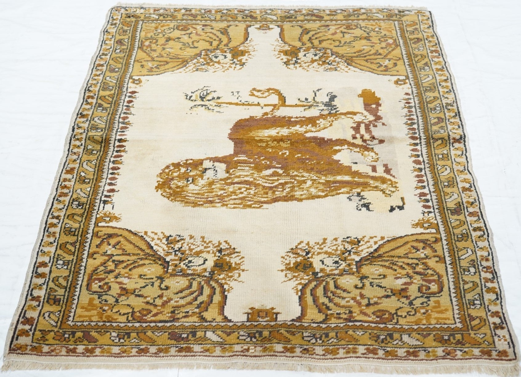 Antique  Tabriz Lion Wool Rug 3'7'' x 4'8''