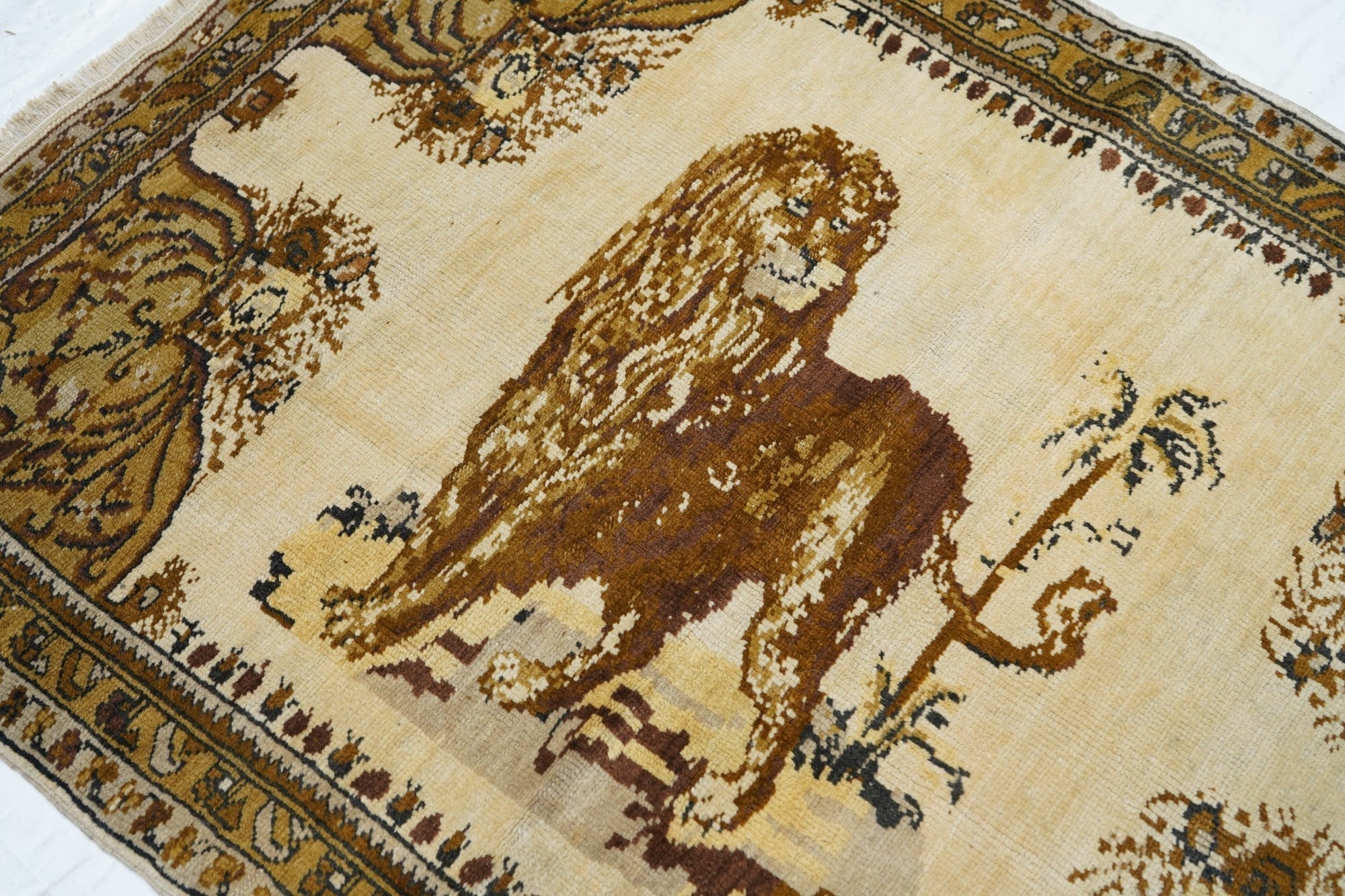 Antique  Tabriz Lion Wool Rug 3'7'' x 4'8''