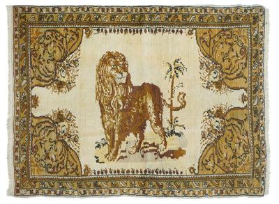 Antique  Tabriz Lion Wool Rug 3'7'' x 4'8''