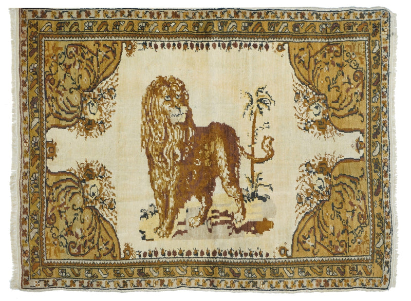 Antique  Tabriz Lion Wool Rug 3'7'' x 4'8''