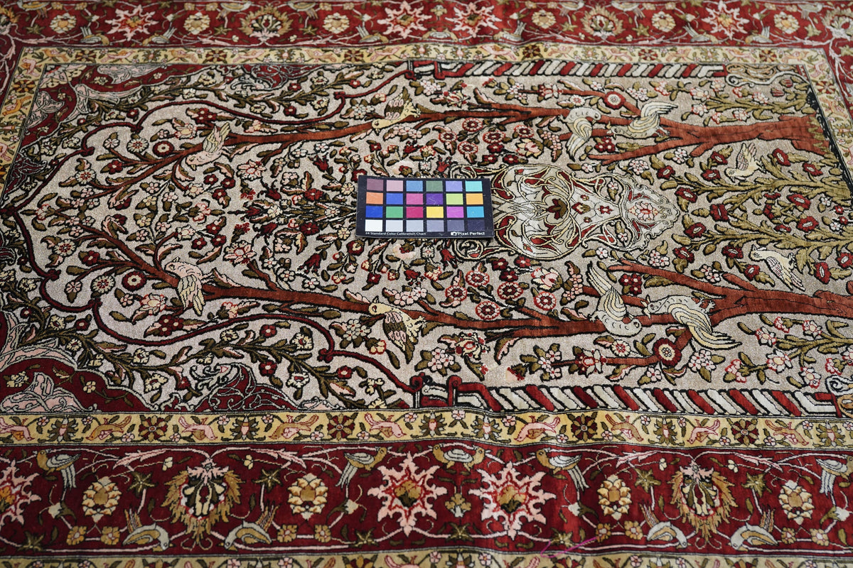 Extremely Fine Vintage Silk Turkish Hereke with the Field Woven with Silver Metal treads Rug 3'3'' x 4'6''