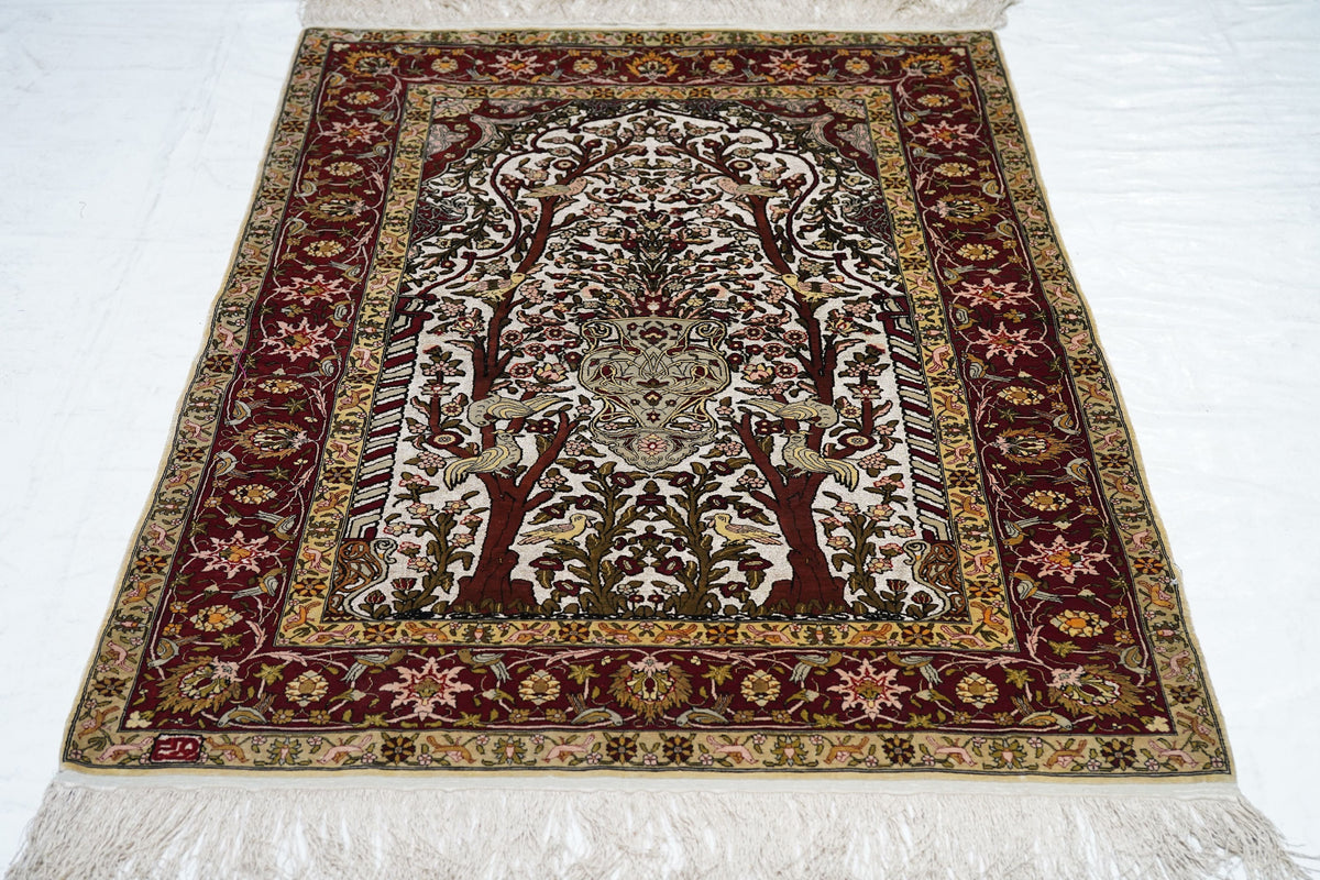 Extremely Fine Vintage Silk Turkish Hereke with the Field Woven with Silver Metal treads Rug 3'3'' x 4'6''