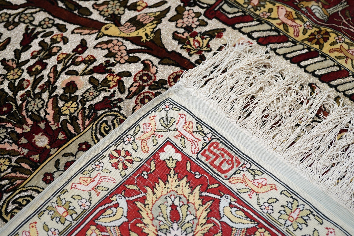 Extremely Fine Vintage Silk Turkish Hereke with the Field Woven with Silver Metal treads Rug 3'3'' x 4'6''