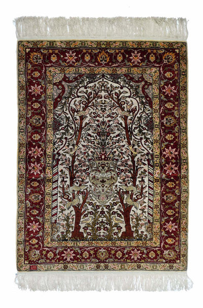 Extremely Fine Vintage Silk Turkish Hereke with the Field Woven with Silver Metal treads Rug 3'3'' x 4'6''