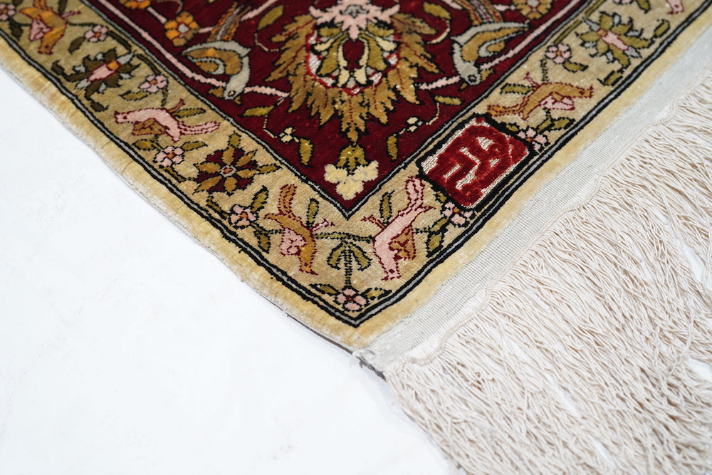 Extremely Fine Vintage Silk Turkish Hereke with the Field Woven with Silver Metal treads Rug 3'3'' x 4'6''