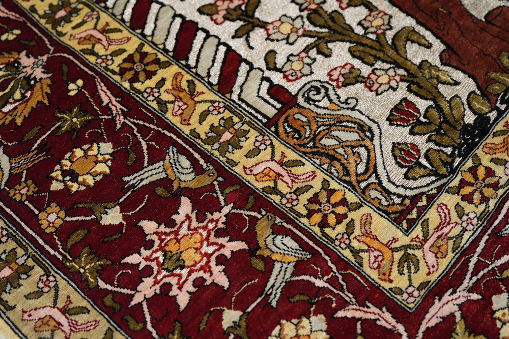 Extremely Fine Vintage Silk Turkish Hereke with the Field Woven with Silver Metal treads Rug 3'3'' x 4'6''
