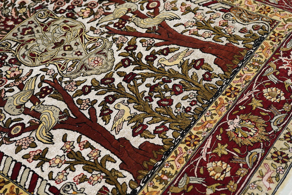 Extremely Fine Vintage Silk Turkish Hereke with the Field Woven with Silver Metal treads Rug 3'3'' x 4'6''