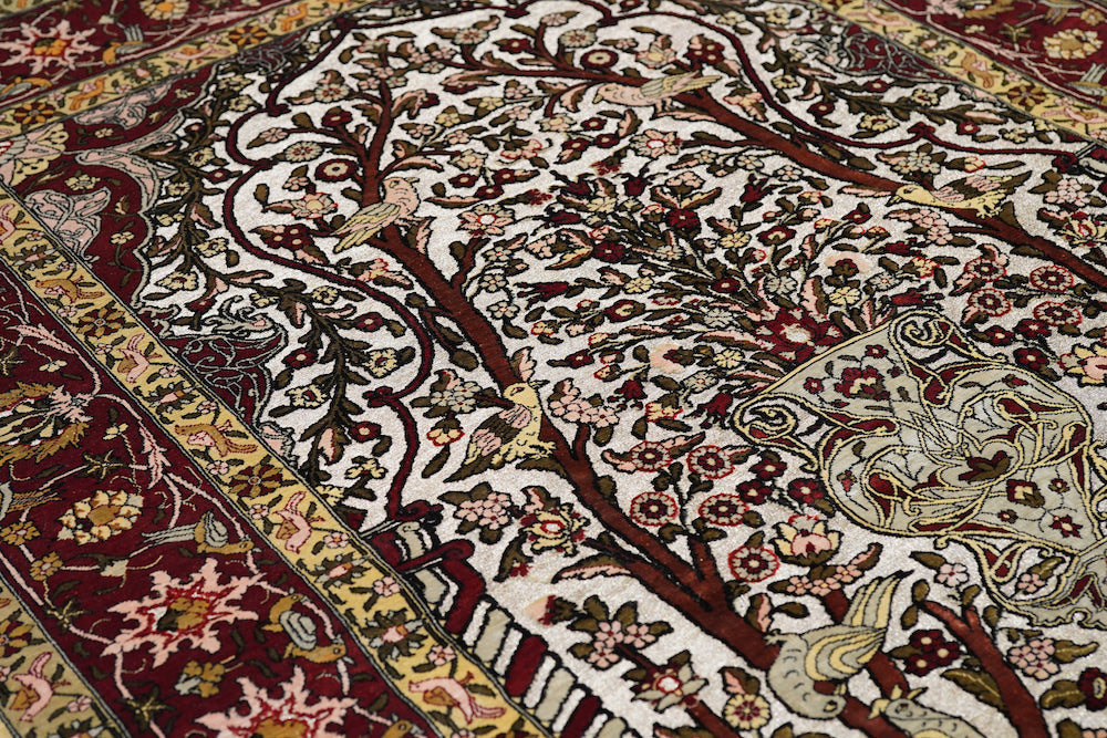 Extremely Fine Vintage Silk Turkish Hereke with the Field Woven with Silver Metal treads Rug 3'3'' x 4'6''