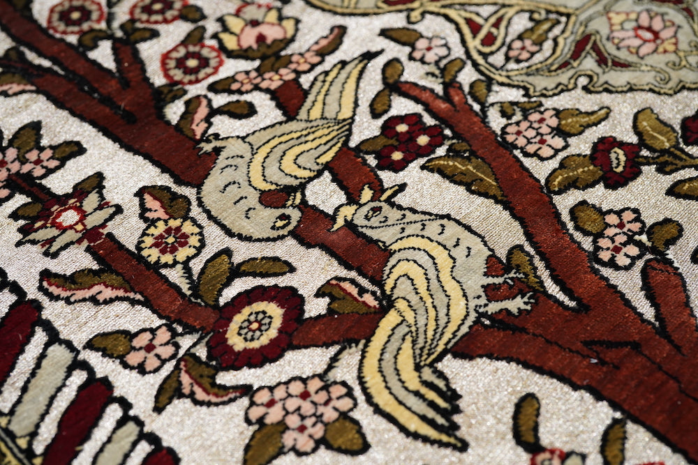 Extremely Fine Vintage Silk Turkish Hereke with the Field Woven with Silver Metal treads Rug 3'3'' x 4'6''