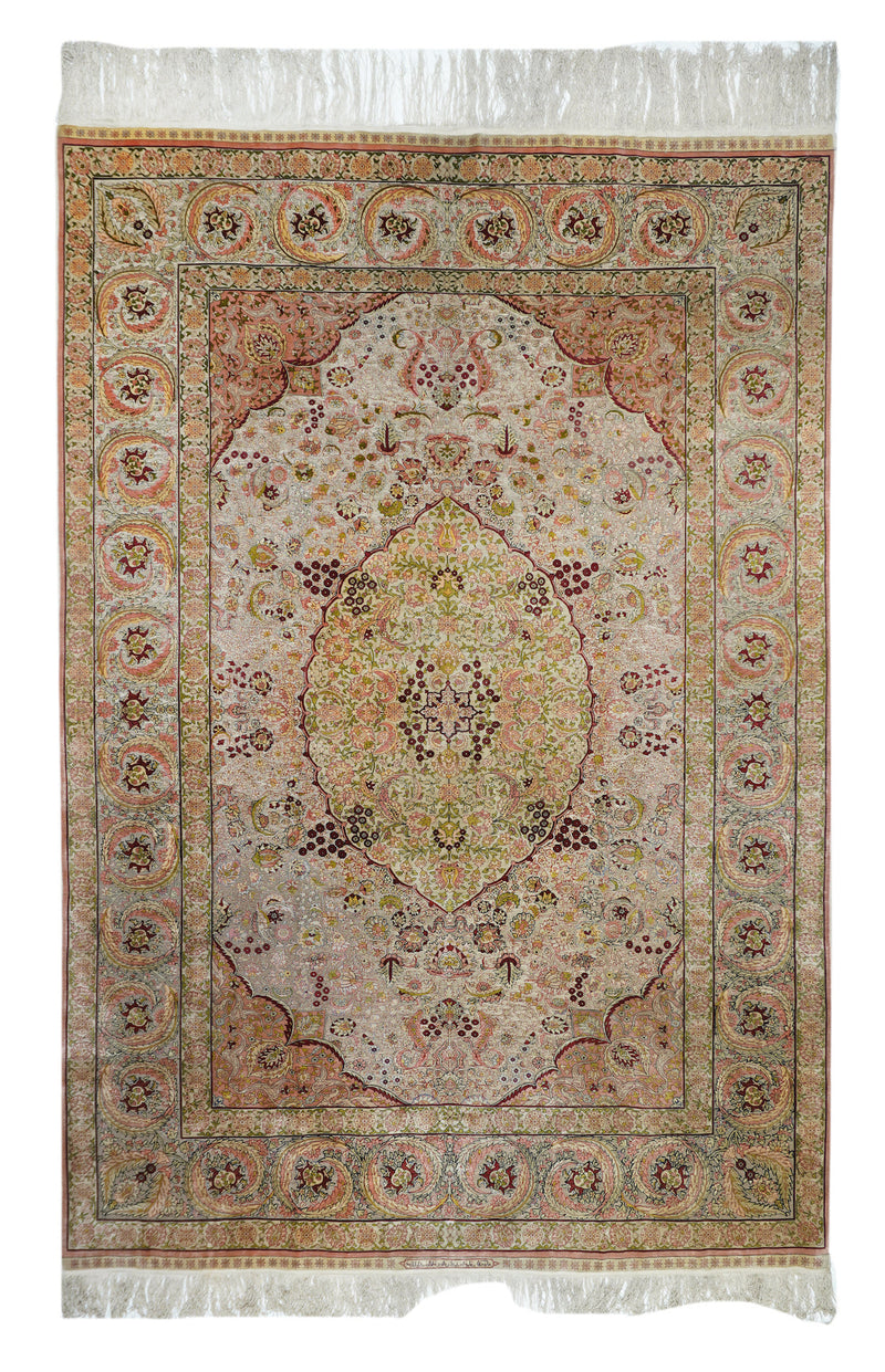 Extremely Fine Vintage Turkish Hereke Silk & Metal Rug 6' 11