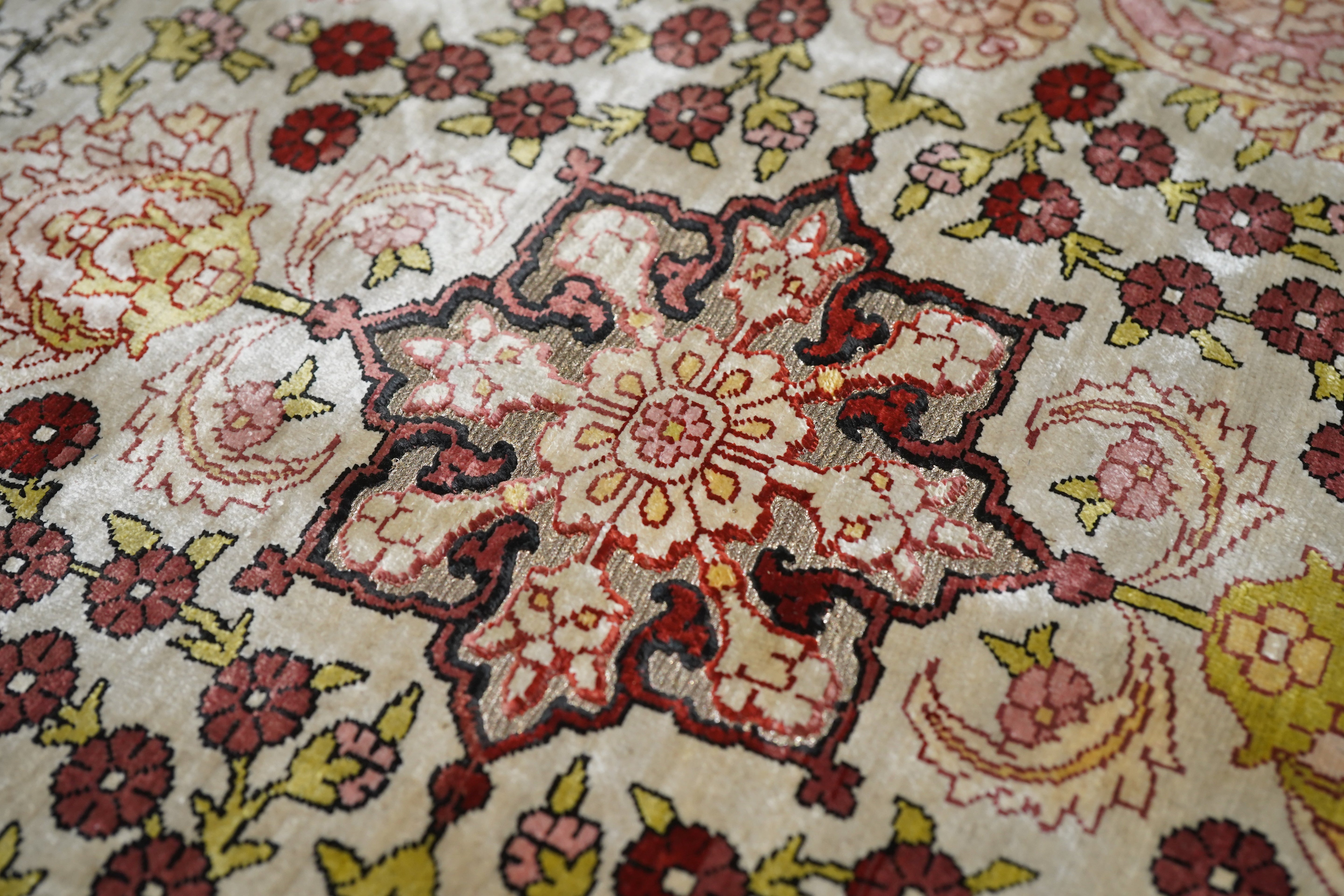 Extremely Fine Vintage Turkish Hereke Silk & Metal Rug 6' 11" x 10' 3"