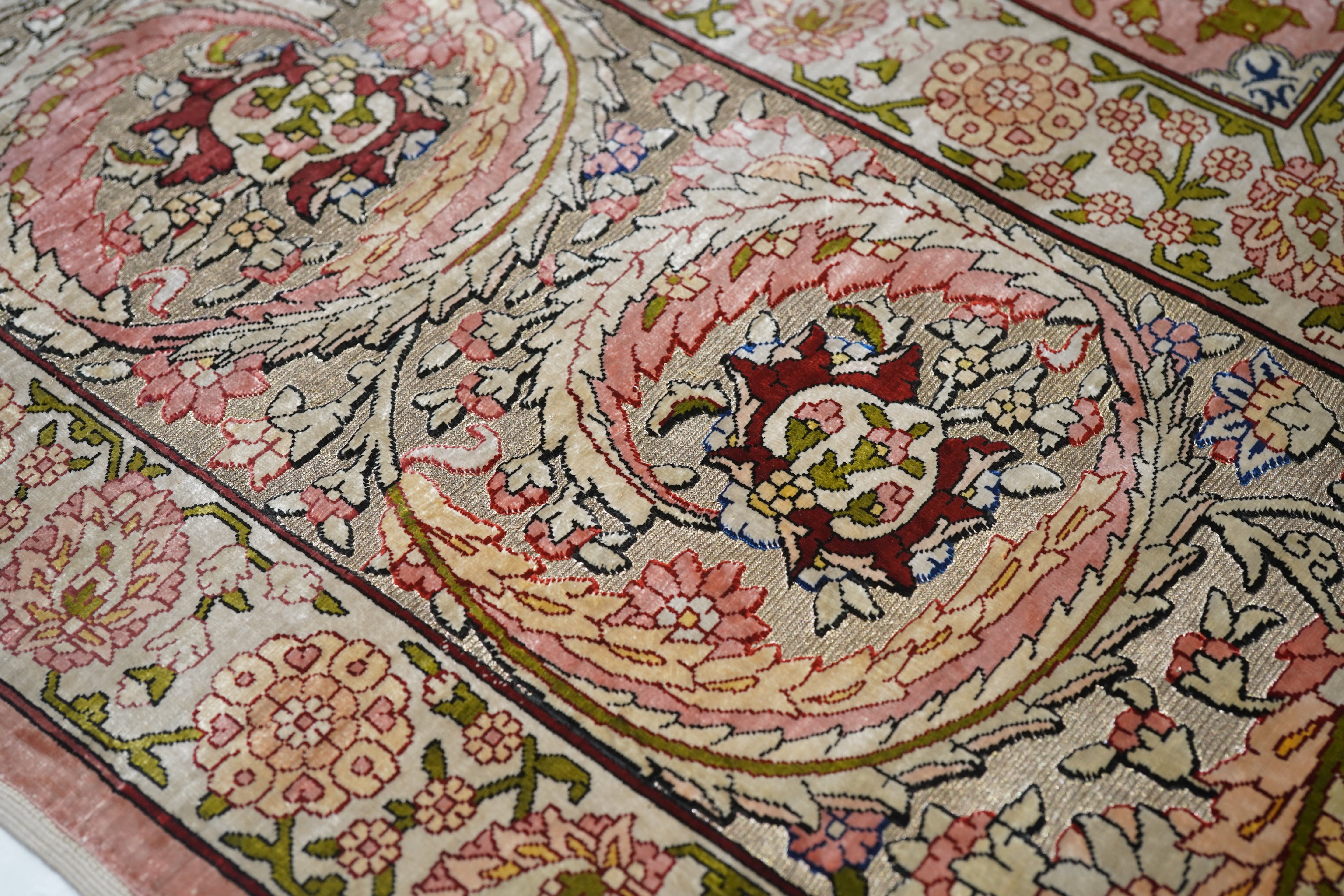 Extremely Fine Vintage Turkish Hereke Silk & Metal Rug 6' 11" x 10' 3"