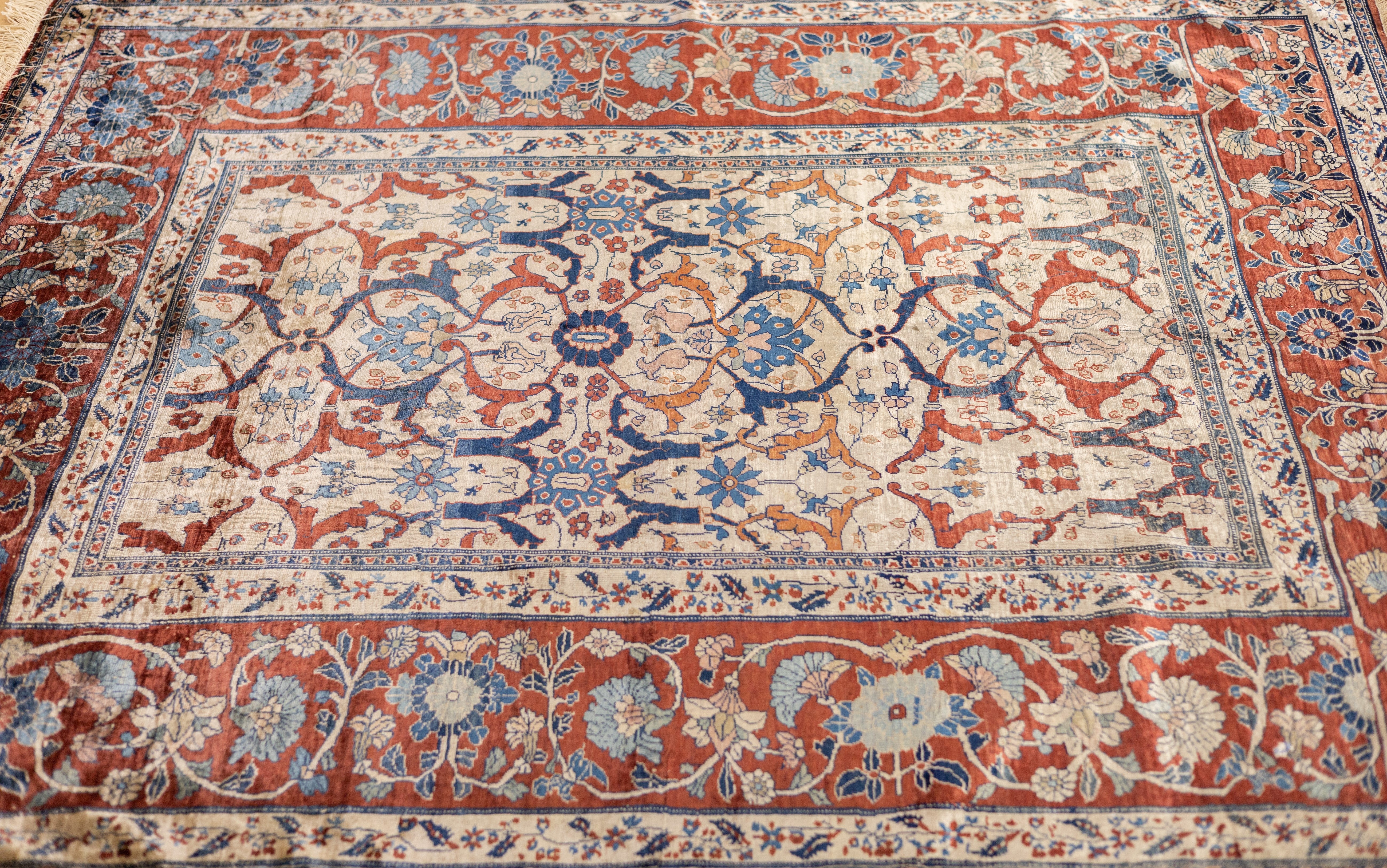 Fine and Rare Antique Silk  Heriz Rug 4'6" x 5' 9"