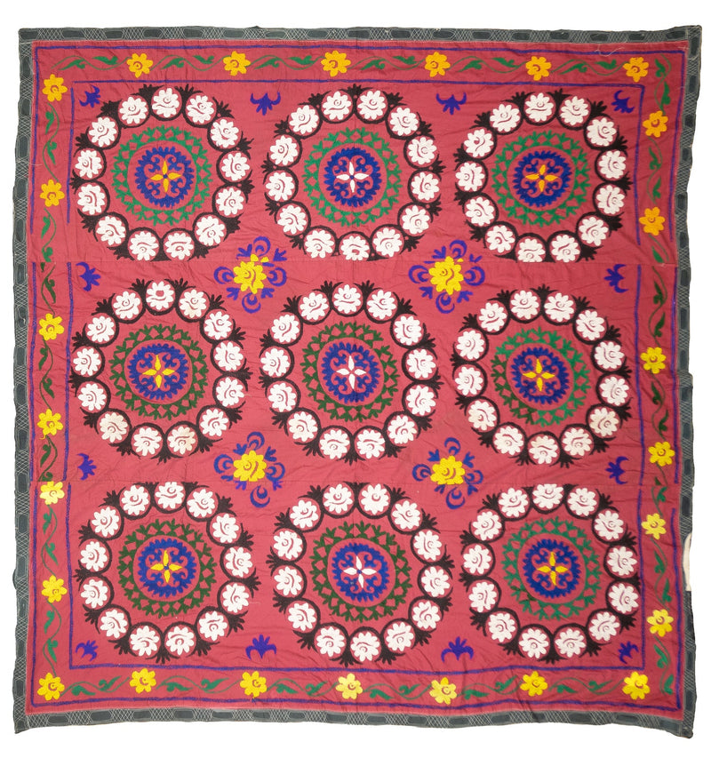 Fine Vintage Uzbek Suzani Textile Hand Knotted Rug 7'4'' x 7'7''