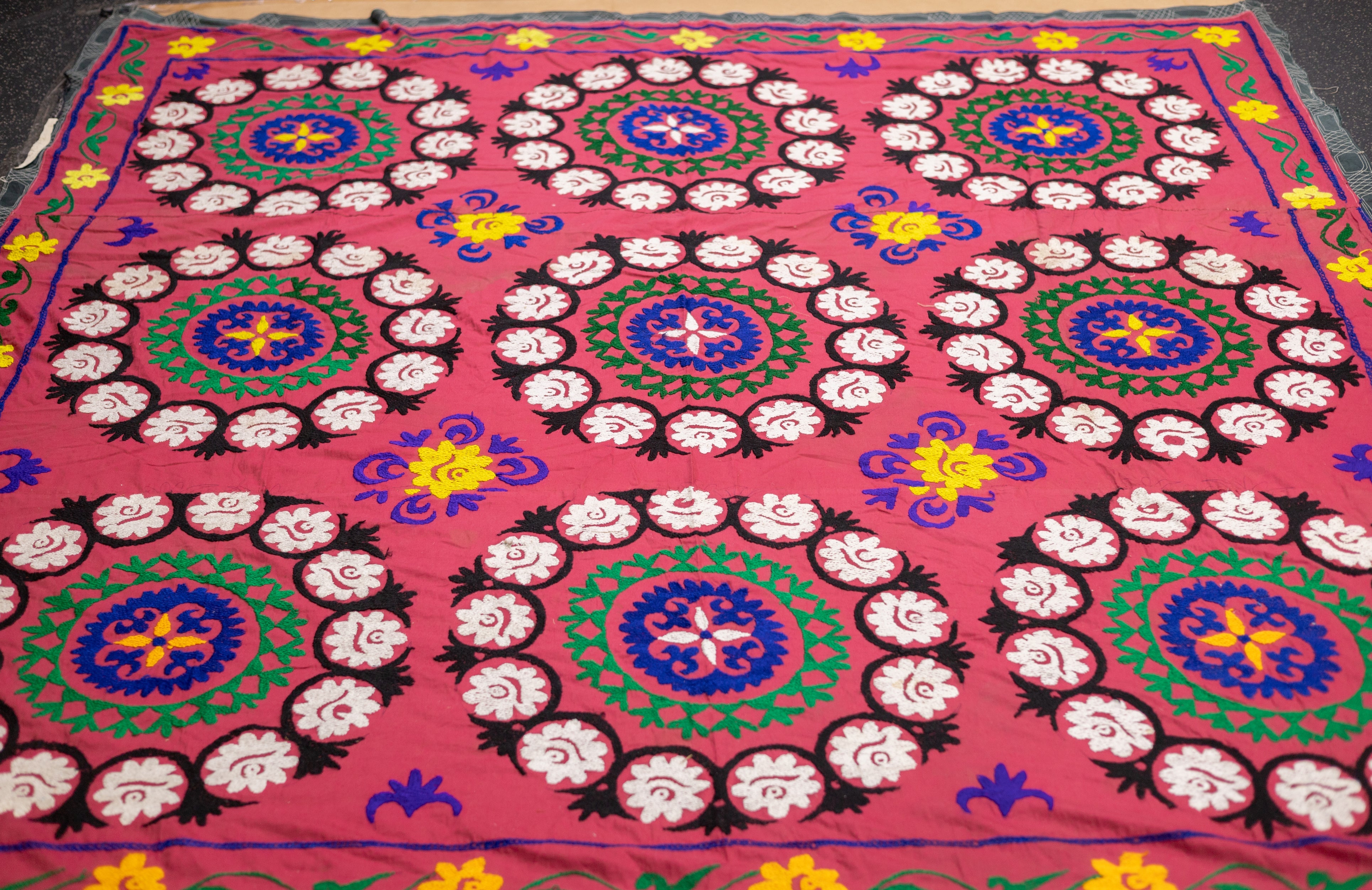 Fine Vintage Uzbek Suzani Textile Hand Knotted Rug 7'4'' x 7'7''