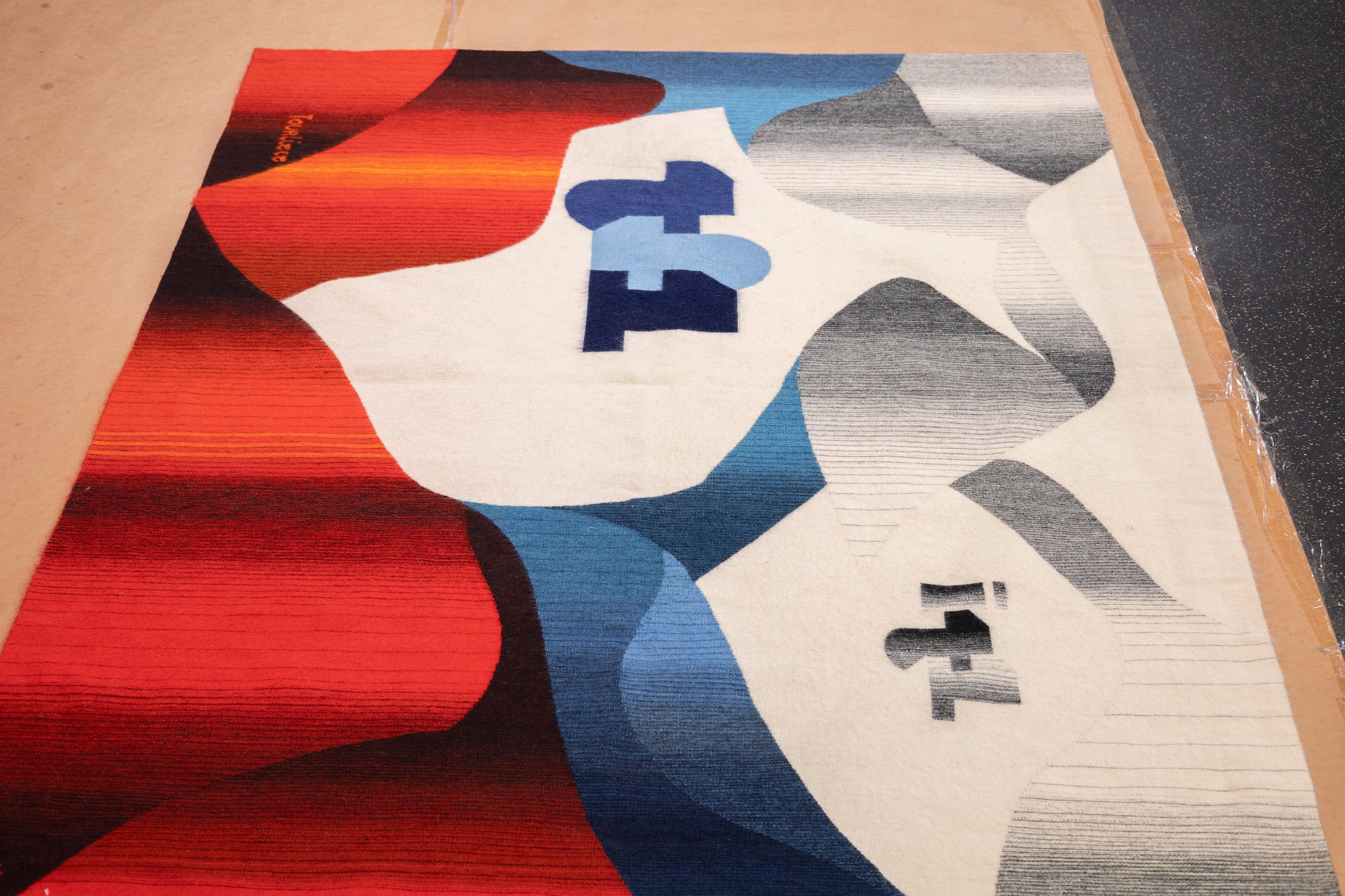 Fine mid century French designer wool tapestry 4'10" x 6'4"