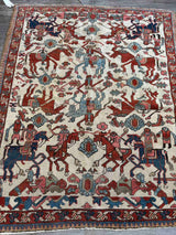 Extremely Rare Antique  Bakshayesh Unique Hunting Scene 4'8" x 5' 11''