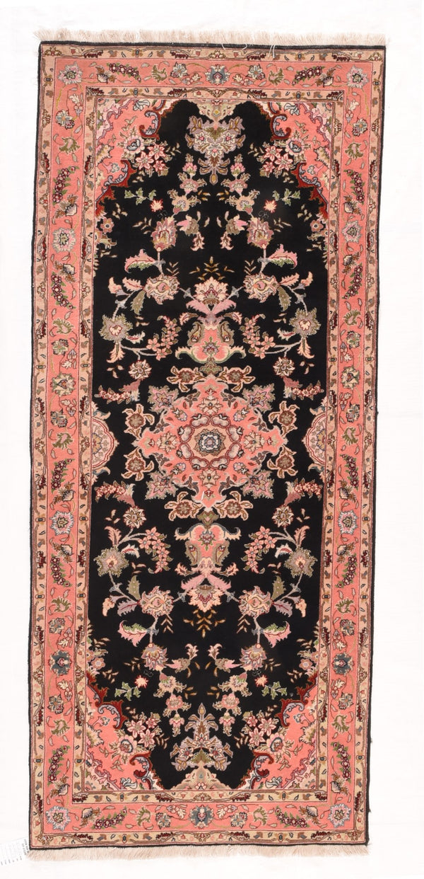 Black Tabriz Wool & Silk on Cotton 2'9''x6'4''